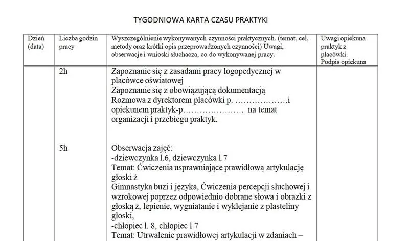 Dzienniczek praktyk administracja