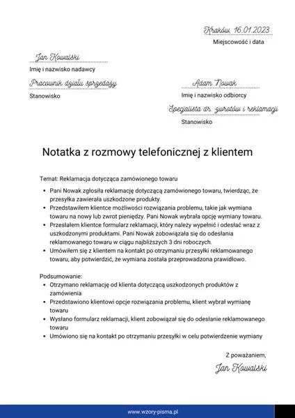 Formatowanie notatek służbowych
