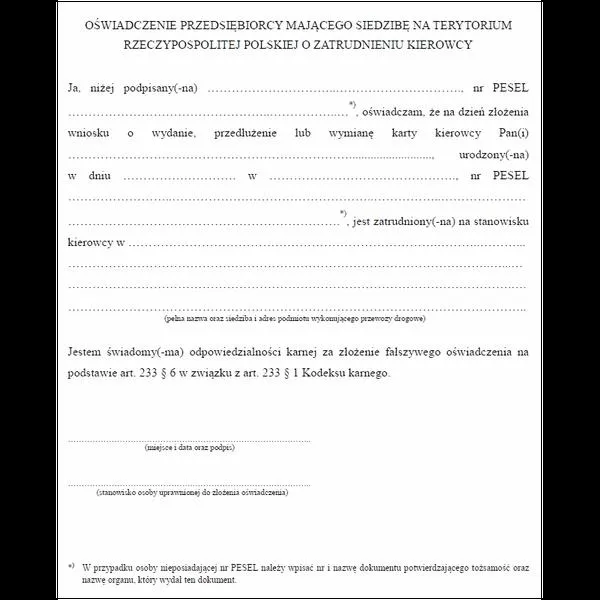 Oświadczenie o zatrudnieniu kierowcy