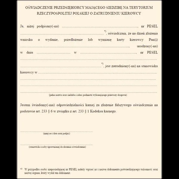 Wypełnianie oświadczenia o zatrudnieniu kierowcy